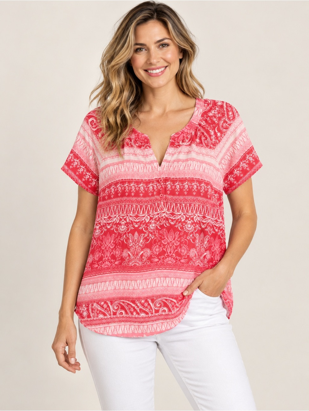 Kim Rogers Large Coral Pink Paisley Print Short Sleeve Button Front Blouse Top